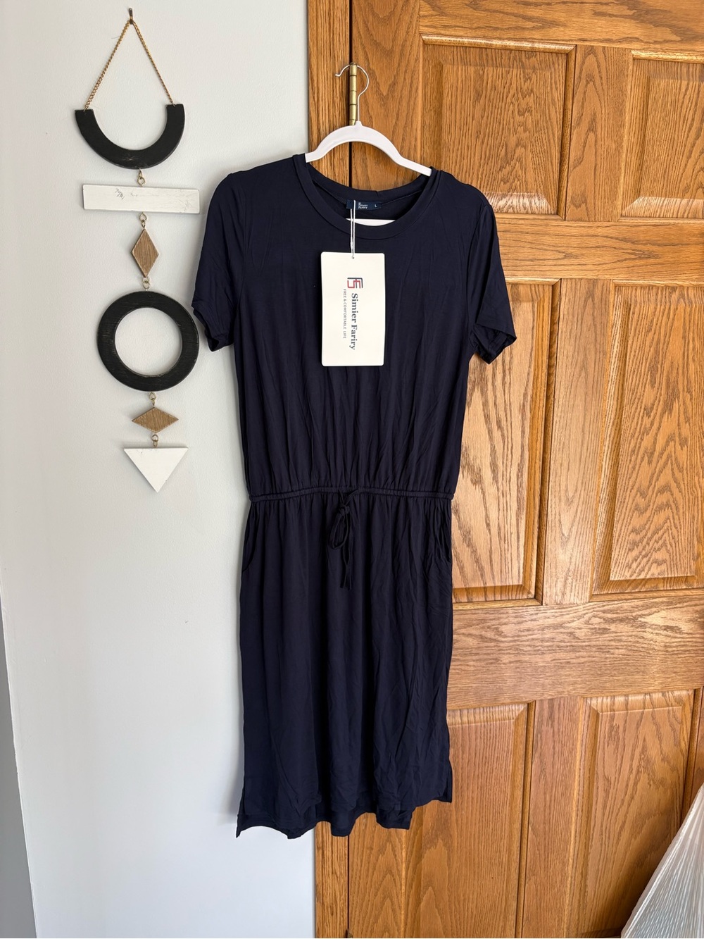 Navy Short Sleeve Drawstring Midi Dress - Picture 2 of 6